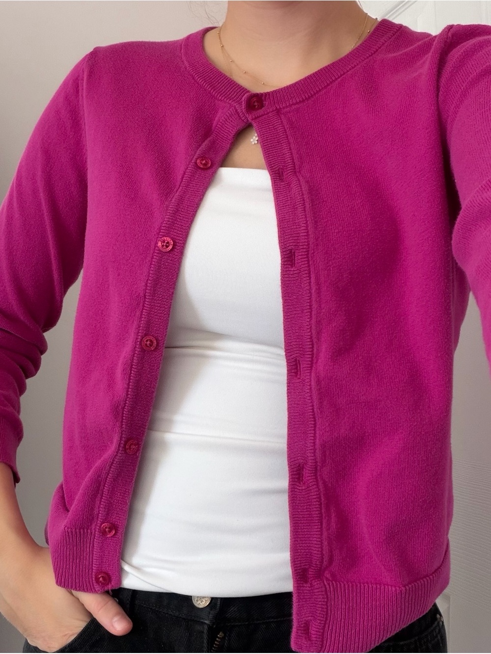Lands' End Women's Bright Fuchsia Crewneck Button Cardigan